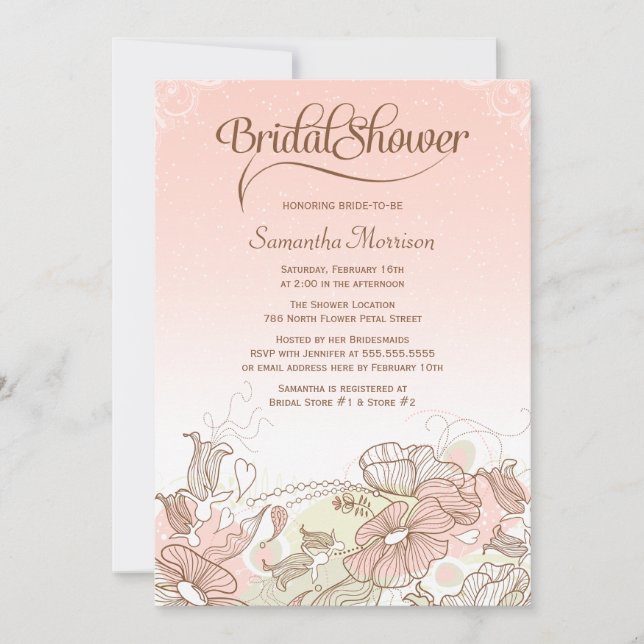 Pink & white ombre floral bridal shower invitation (Front)