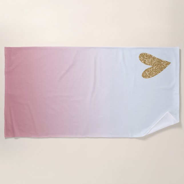 Pink White Ombre Gold Glitter Heart Beach Towel (Front)