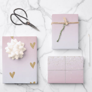 Pink White Ombre Gold Glitter Heart Wrapping Paper Sheets