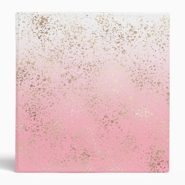 Pink White Ombre Speckled Gold Flakes 3 Ring Binder (Front)
