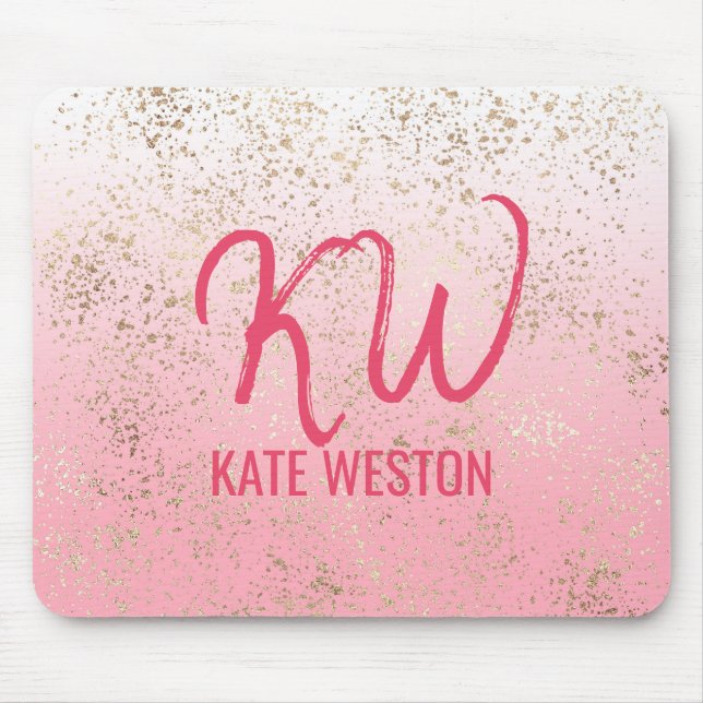 Pink White Ombre Speckled Gold Flakes Monogram Mouse Pad (Front)