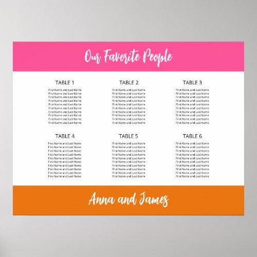 Pink White Orange 6 Table Seating Chart Poster