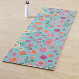 pink white orange floral green leaves teal  yoga mat