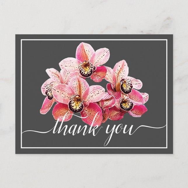 Pink & White Orchids Gray Background Thank You Postcard (Front)