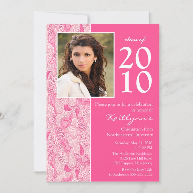 Pink & White Paisley Photo Graduation Invitation (Front)