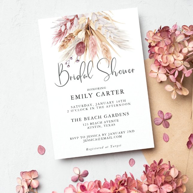 Pink White Pampas Grass Bouquet Bridal Shower Invitation (Creator Uploaded)
