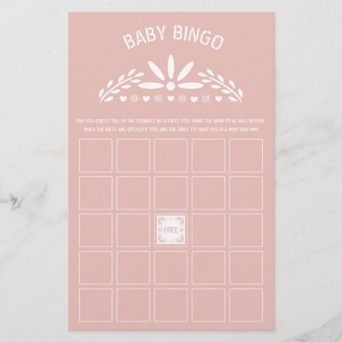 Pink white Papel Picado Baby Shower Bingo game Flyer