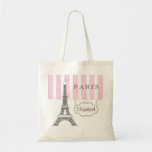 Pink   White Paris Eiffel Tower Monogram Name Tote Bag