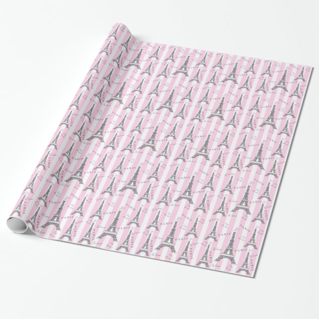 Pink | White Paris Eiffel Tower Wrapping Paper (Unrolled)