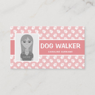 Pink &amp; White Paws With Photo Template - Dog Walker Business Card
