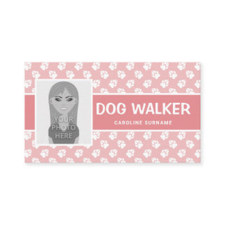 Pink & White Paws With Photo Template - Dog Walker Business Card