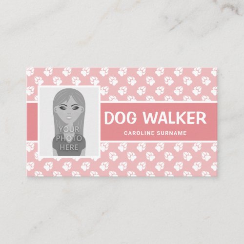 Pink  White Paws With Photo Template _ Dog Walker Business Card