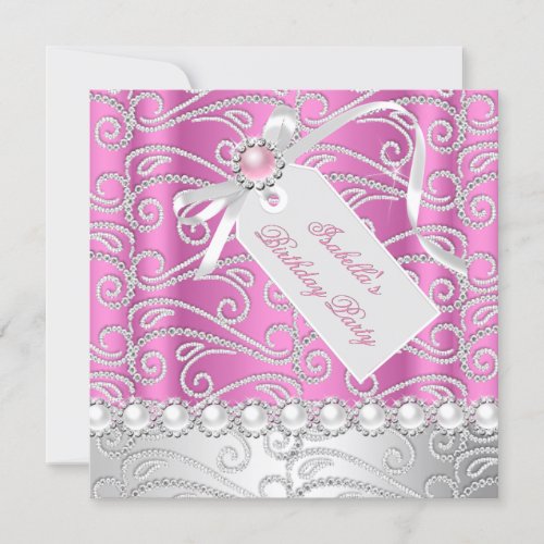 Pink White Pearl Diamonds Birthday Party 4 Invitation