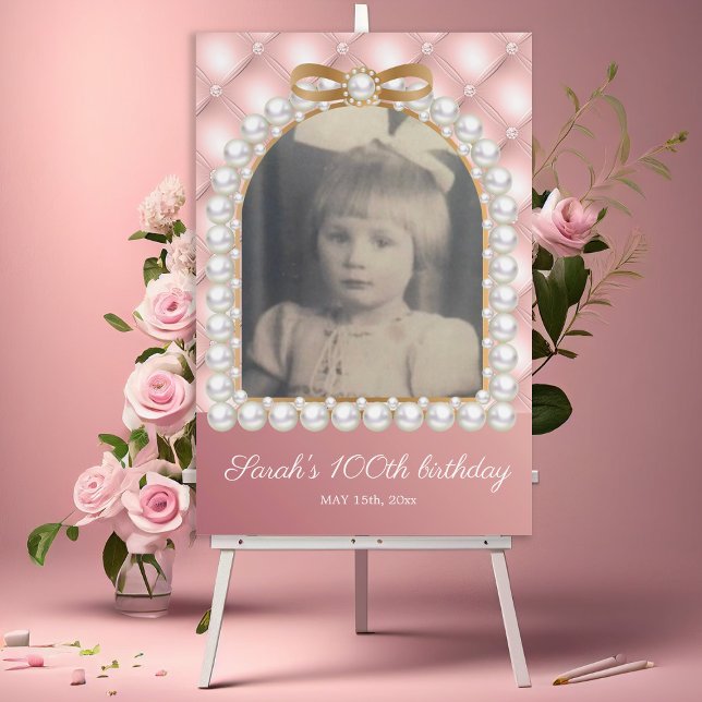 Pink White Pearls 100th Birthday Childhood Photo Foam Board (Blush pink and white pearl arch shaped frame childhood photo birthday party sign)