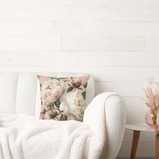 Pink & White Peonies Elegant Throw Pillow (Couch)