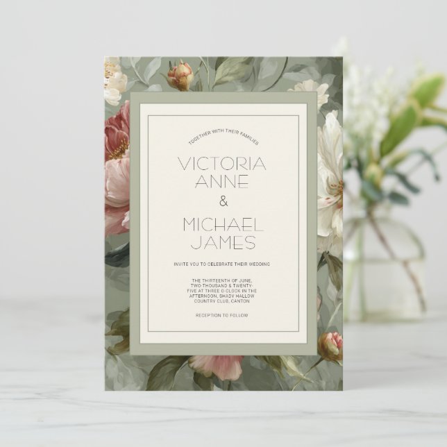 Pink & White Peonies Elegant Wedding Invitation (Standing Front)