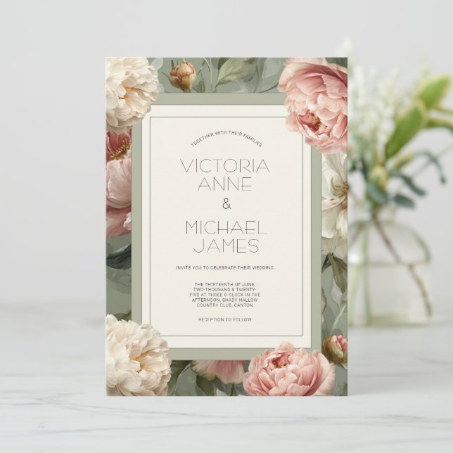 Pink & White Peonies Floral Wedding Invitation (Standing Front)