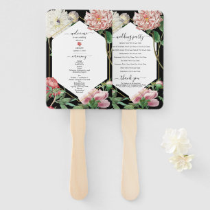 Pink White Peonies Flowers Wedding Black Program Hand Fan