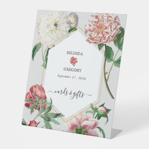 Pink White Peonies Flowers Wedding Cards Gifts Pedestal Sign