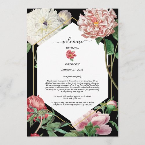 Pink White Peonies Flowers Wedding Itinerary Black Program