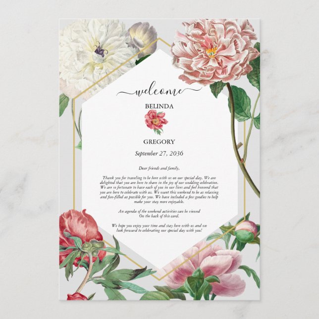 Pink White Peonies Flowers Wedding Itinerary  Program (Front)