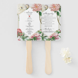 Pink White Peonies Flowers Wedding Program Hand Fan
