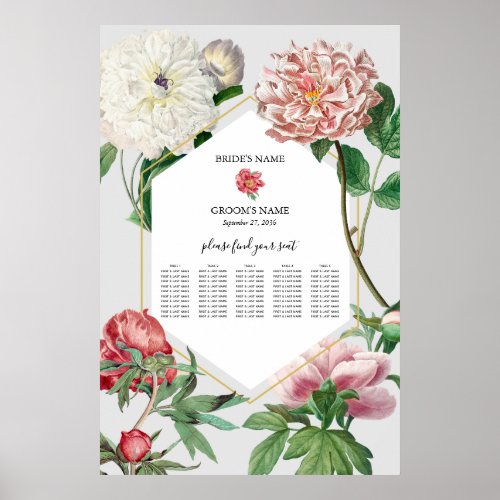 Pink White Peonies Flowers Wedding Seating Chart