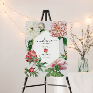 Pink White Peonies Flowers Wedding Welcome Sign