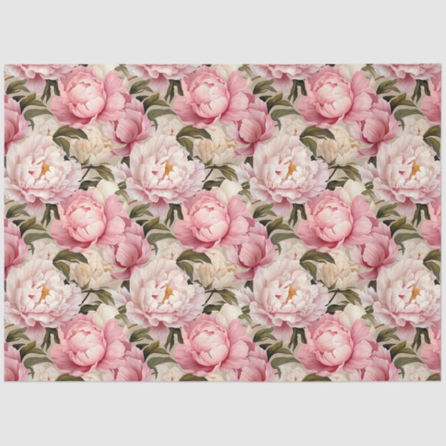 Pink White Peony Blossoms Repeat Pattern Tissue Paper (Front)