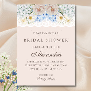 Pink White Peony Blue Hydrangea Bridal Shower Invitation