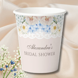 Pink White Peony Blue Hydrangea Bridal Shower Paper Cups