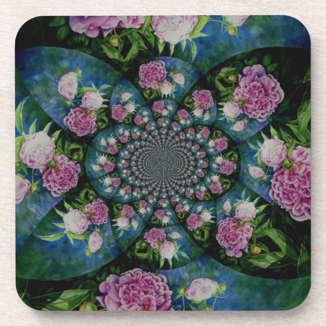 Pink white peony floral watercolor mandala beverage coaster (Front)