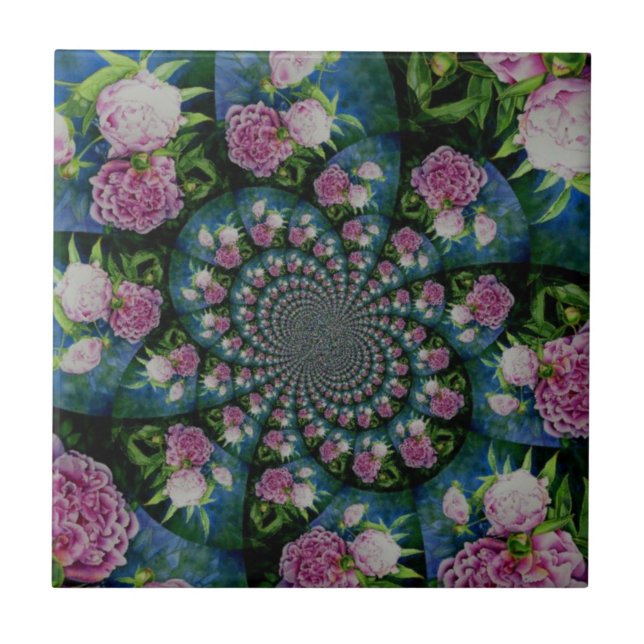 Pink white peony floral watercolor mandala ceramic tile (Front)