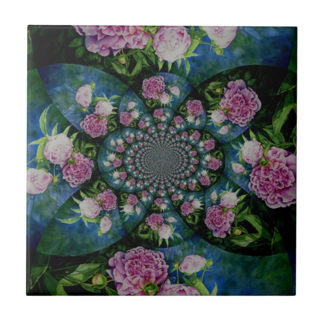 Pink white peony floral watercolor mandala ceramic tile (Front)