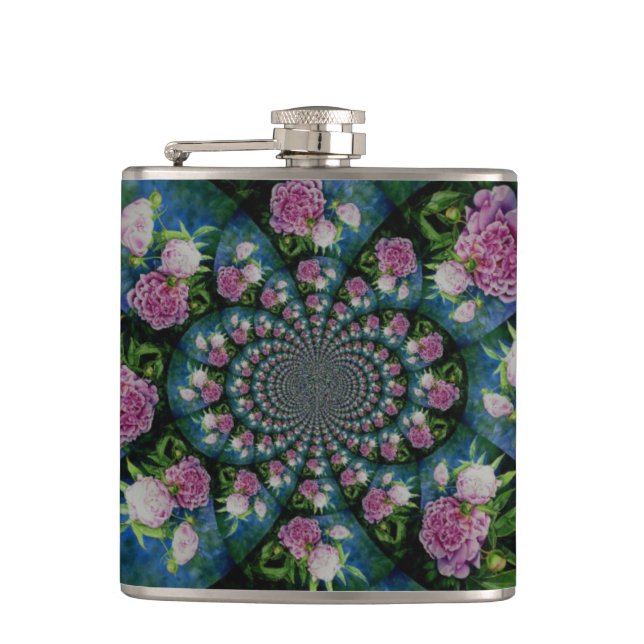 Pink white peony floral watercolor mandala hip flask (Front)