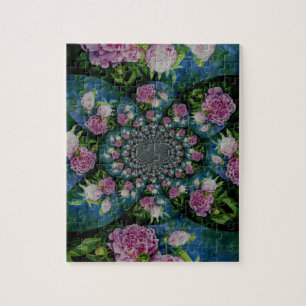 Pink white peony floral watercolor mandala jigsaw puzzle