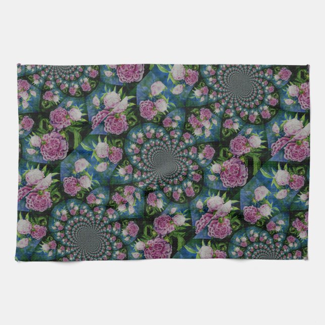 Pink white peony floral watercolor mandala kitchen towel (Horizontal)