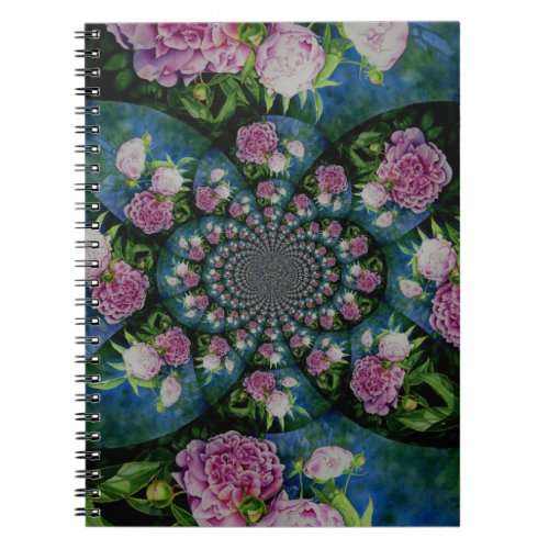 Pink white peony floral watercolor mandala notebook