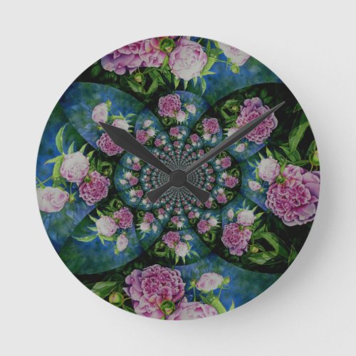 Pink white peony floral watercolor mandala round clock