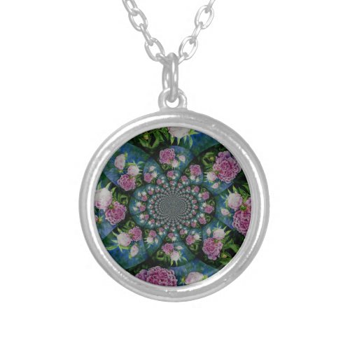 Pink white peony floral watercolor mandala silver plated necklace