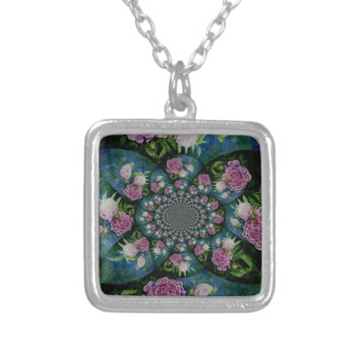 Pink white peony floral watercolor mandala silver plated necklace