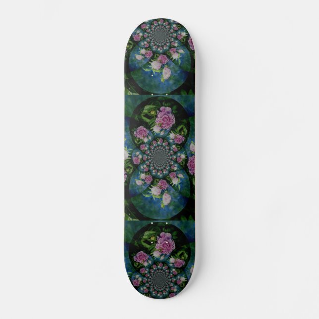 Pink white peony floral watercolor mandala skateboard deck (Front)