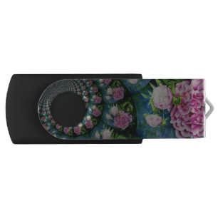 Pink white peony floral watercolor mandala USB flash drive