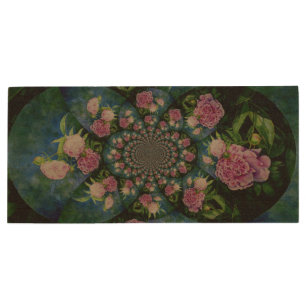 Pink white peony floral watercolor mandala wood flash drive