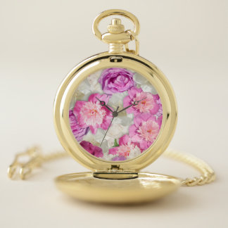 Pink White Peony Rose - Romantic Floral Pocket Watch