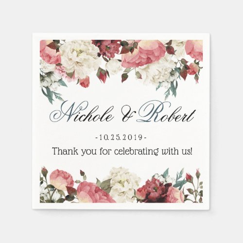 Pink  White Peony Spring Floral Wedding Napkins