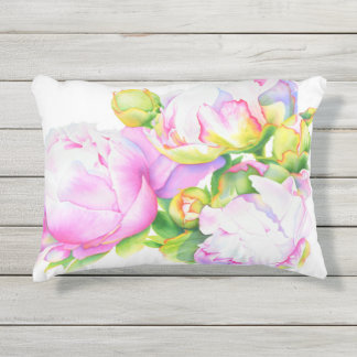 Pink white Peony watercolor painting Outdoor Pillow