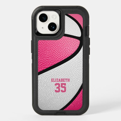 pink white personalized girls basketball OtterBox iPhone 14 case