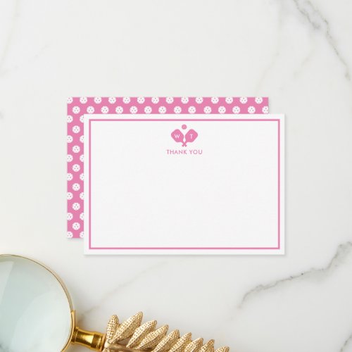 Pink White Personalized Monogram Pickleball  Thank You Card