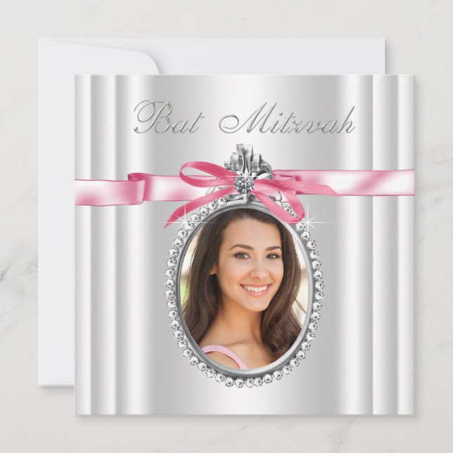 Pink White Photo Bat Mitzvah Invitation (Front)